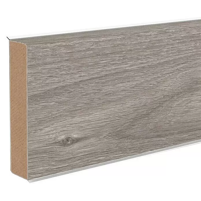 Sockelleiste XL Clooney - 250 cm x 18 mm x 60 mm, MDF/HDF - Graue Sockelleiste in Holzoptik mit sichtbarem braunem Kern.