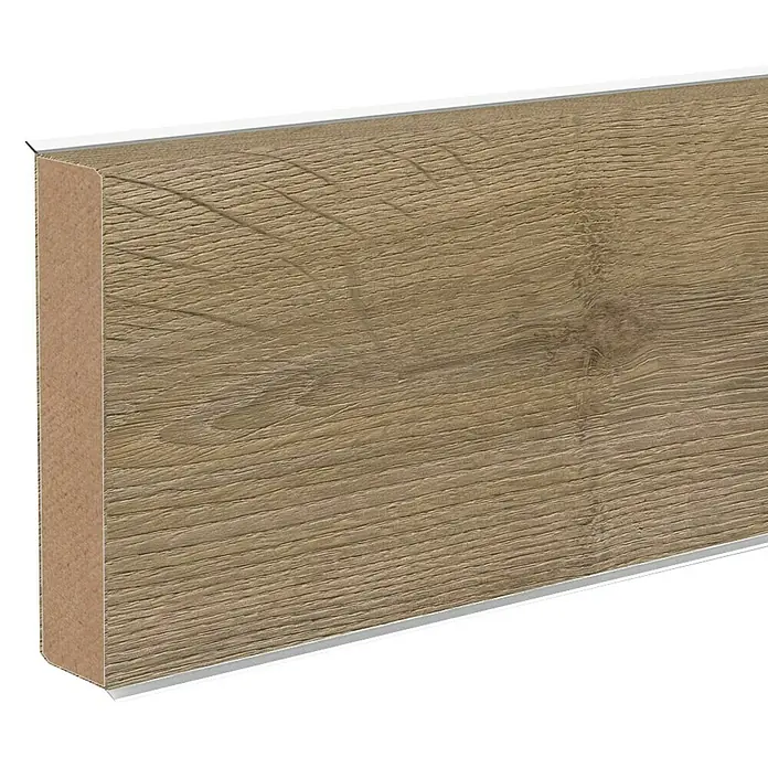 Sockelleiste XL Takoua - 250 cm x 18 mm x 60 mm, MDF/HDF - Holzstrukturierte Sockelleiste mit silberner Kante, ideal für moderne Raumgestaltung und als stilvoller Übergang zum Boden.