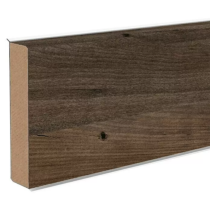 Sockelleiste XL Gauguin - 250 cm x 18 mm x 60 mm, MDF/HDF - Dunkelbraune Holzoptik-Fußleiste mit Naturknoten und heller Verbundkante.