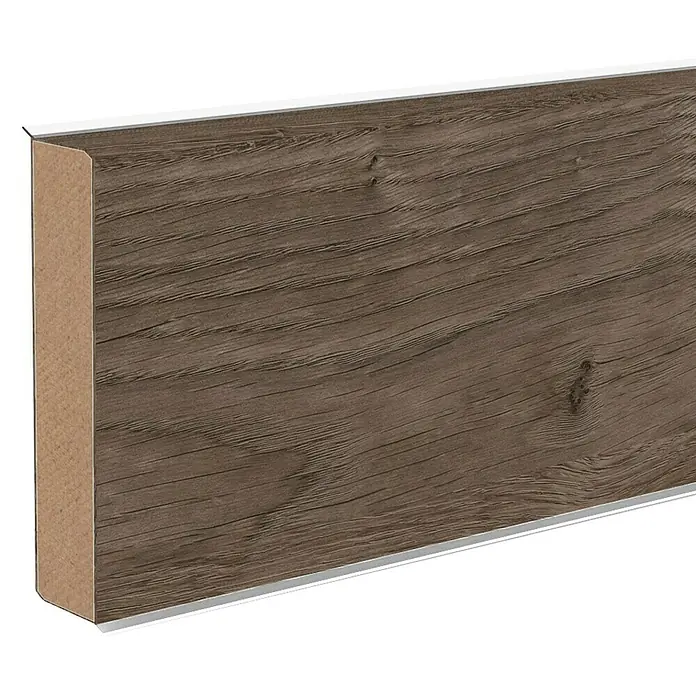 Sockelleiste XL Rachel - 250 cm x 18 mm x 60 mm, MDF/HDF - Attraktives Sockelleisten-Design mit Holzmaserung und silberfarbenem Akzent. Die perfekte Ergänzung für jeden Raum.