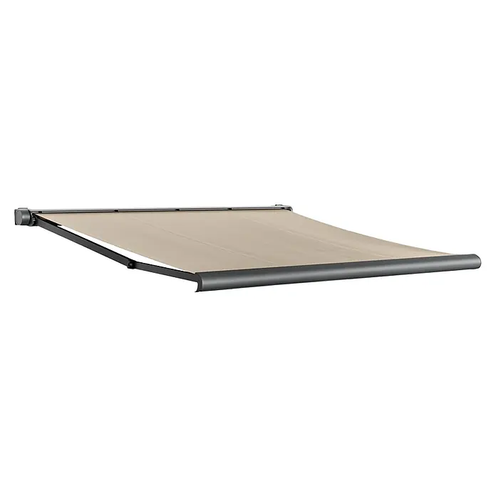 Sunfun Vollkassettenmarkise Elba - Beige, Farbe Gestell: Anthrazitgrau, Breite: 4 m, Ausfall: 3,5 m - Eine Markise mit beigem Stoff und grauem Gestell bietet Schatten und Schutz im Freien. Perfekt für Terrasse oder Balkon.