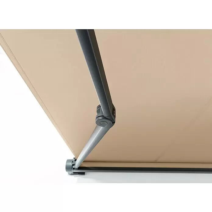 Sunfun Vollkassettenmarkise Elba - Beige, Farbe Gestell: Anthrazitgrau, Breite: 4 m, Ausfall: 3,5 m - Beiger Markisenstoff mit dunkelgrauem Gelenkarmmechanismus.