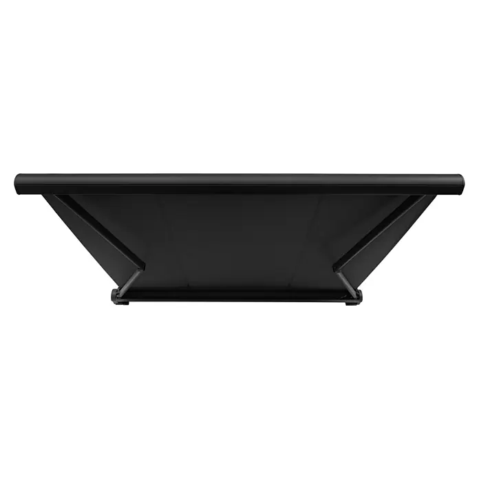 Sunfun Vollkassettenmarkise Elba - Schwarz, Farbe Gestell: Tiefschwarz, Breite: 3,5 m, Ausfall: 3 m - Ansicht von unten einer schwarzen Markise. Das Produkt ist elegant und funktional, ideal für den Sonnenschutz im Freien.