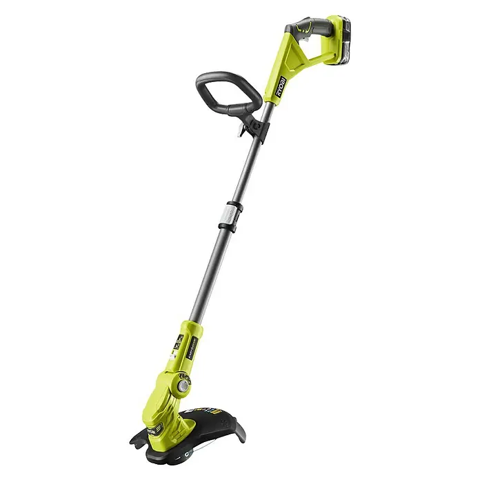 Ryobi ONE+ Akku-Rasentrimmer RLT183225F - 18 V, 2,5 Ah, Li-Ionen, 1 Akku - Abbildung eines akkubetriebenen Ryobi Rasentrimmers mit verstellbarem Schaft und grün-schwarzem Design. Ideal für die Rasenpflege im Garten.