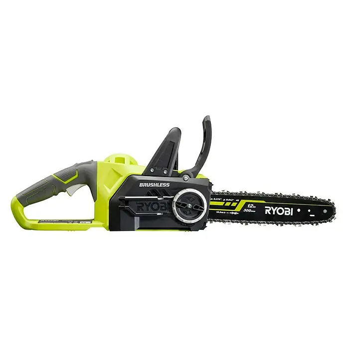 Ryobi ONE+ Maschinenpaket - Akku-Kettensäge ,18V, 4 Ah Akku & 2A Ladegerät - Akkubetriebene RYOBI-Kettensäge mit bürstenlosem Motor und 300-mm-Schwert für effizientes und schnelles Schneiden von Holz.