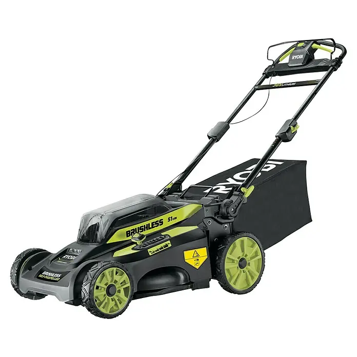 Ryobi Akku-Rasenmäher RY36LMX51A-160 - 36 V, 1 Akku, 6 Ah, Schnittbreite: 51 cm - Abbildung eines Ryobi 36V Akku-Rasenmähers, ein kabelloses Gartengerät mit einem robusten Design, grün und schwarz.