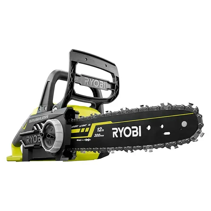 Ryobi ONE+ Akku-Kettensäge - 18 V, Li-Ionen, Ohne Akku, Schwertlänge: 30 cm - Das Bild zeigt eine Ryobi Akku-Kettensäge mit einer 12-Zoll-Sägeblattschiene und einem bürstenlosen Motor auf schwarzem Hintergrund.