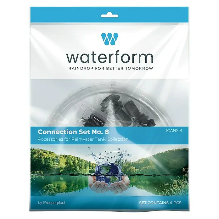 Regentonnen-Verbindungs-Set mit Schlauchstück - 4 -tlg., Passend für: Regentonnen Maze, Tube, Aquacan, Smooth, Peruno, Aqua Tower & Tower Stone - Eine Packung Waterform "Connection Set No. 8" Zubehör für Regenwassertanksammlung, bestehend aus 4 Teilen, für eine bessere Zukunft.