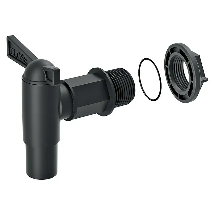 Auslaufhahn - Passend für: Regentonnen Maze, Tube, Aquacan, Smooth, Peruno, Aqua Tower & Tower Stone - Nahaufnahme eines schwarzen Wasserhahn-Sets, bestehend aus Wasserhahn, Dichtung und Mutter, perfekt für den Einsatz in verschiedenen Umgebungen.