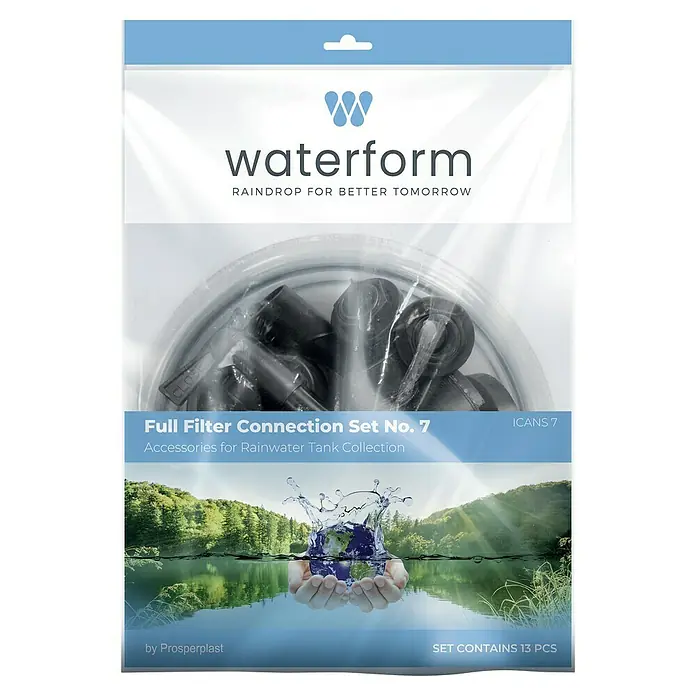 Regenwasserfilter Verbindungsset - 13 -tlg., Passend für: Regentonne Maze, Tube, Aquacan, Smooth, Peruno, Aqua Tower, Tower Stone - Das Bild zeigt eine "Waterform" Vollfilter Anschluss Set No. 7 Packung, Zubehör für Regenwassertanksammlung, mit blauem Farbschema.
