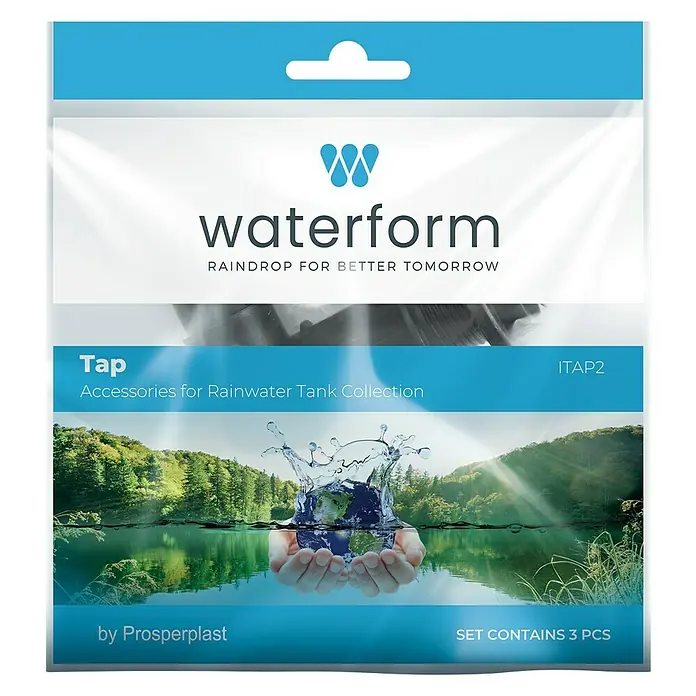 Auslaufhahn - Passend für: Regentonnen Maze, Tube, Aquacan, Smooth, Peruno, Aqua Tower & Tower Stone - Verpackung für ein Wasserform-Zubehörset "Tap" für die Regenwassersammlung von Prosperplast, bestehend aus 3 Teilen.