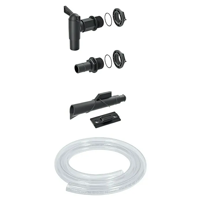 Regentonnenanschluss Set - 5 -tlg., Passend für: Regentonnen Maze, Tube, Aquacan, Smooth, Peruno, Aqua Tower & Tower Stone - Abgebildetes Produkt ist ein Zapfhahn-Set mit Zubehör für Behälter, inklusive Schlauch, Dichtungen und Installationsmaterial.