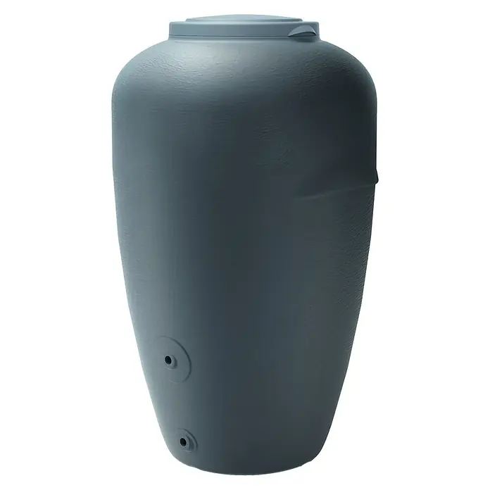 Regenspeicher Aquacan - 440 l, Grau - Ein grauer, geformter Wassertank, ideal für die Regenwassernutzung im Garten. Bietet eine nachhaltige Lösung zur Wasserspeicherung.