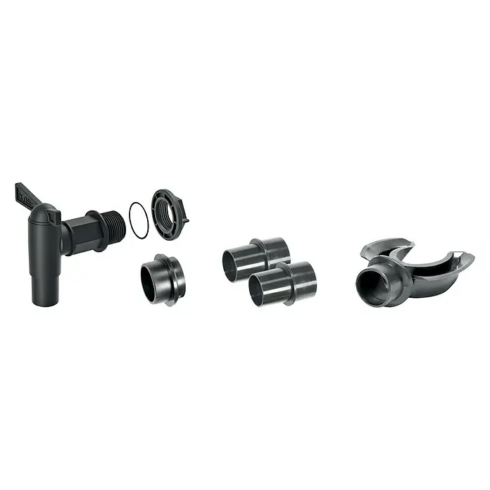 Regentonnen-Set - 5 -tlg., Passend für: Regentonnen Maze, Tube, Aquacan, Smooth, Peruno, Aqua Tower & Tower Stone - Abgebildet ist ein Set von Wasserhahnkomponenten, darunter ein Hahn, Adapter und Verbindungsstücke, die für Bewässerungssysteme verwendet werden.