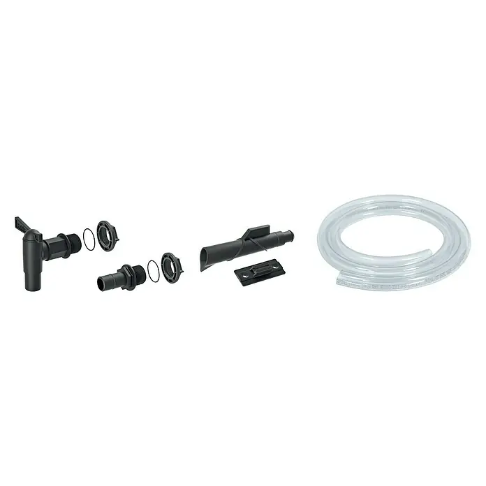 Regentonnenanschluss Set - 5 -tlg., Passend für: Regentonnen Maze, Tube, Aquacan, Smooth, Peruno, Aqua Tower & Tower Stone - Brauanlagen-Zubehör: Verschiedene schwarze und transparente Teile für die Installation, einschließlich Hahn, Anschlüsse und Schlauch.