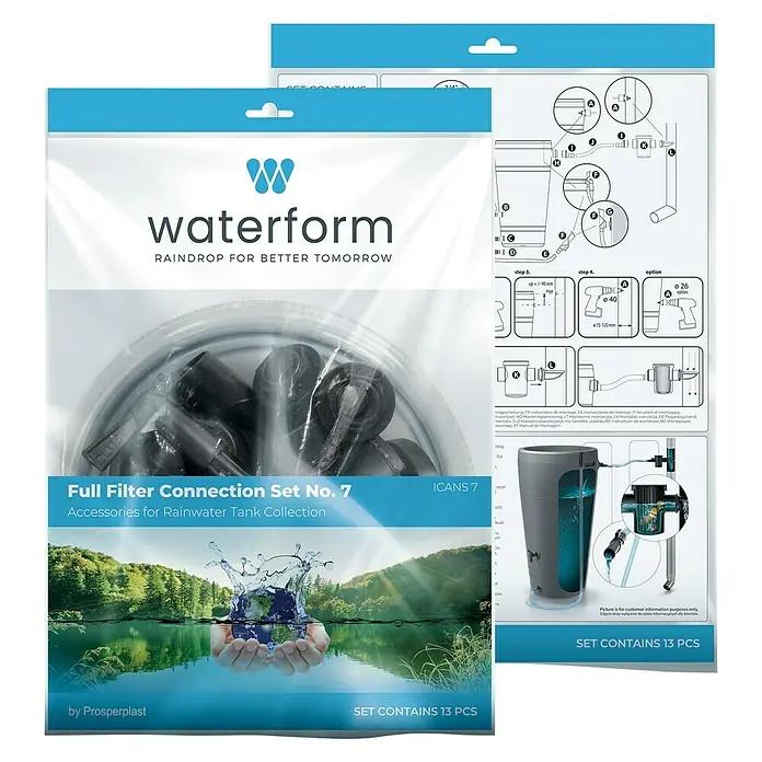Regenwasserfilter Verbindungsset - 13 -tlg., Passend für: Regentonne Maze, Tube, Aquacan, Smooth, Peruno, Aqua Tower, Tower Stone - Verpackung des Waterform Full Filter Connection Set No. 7 für die Regenwassersammlung mit 13 Teilen, ideal für die Gartenbewässerung.