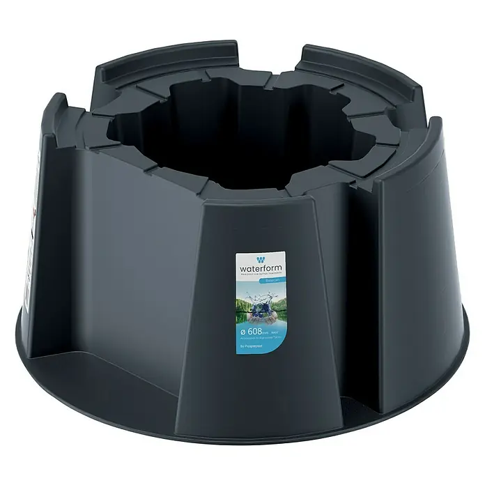 Regentonnensockel - Passend für: Regentonne Maze, Tube, Aquacan, Smooth, Peruno, Aqua Tower, Tower Stone - Das Bild zeigt eine graue Waterform Brunnenabdeckung, die robust und langlebig für den Außenbereich konzipiert ist.