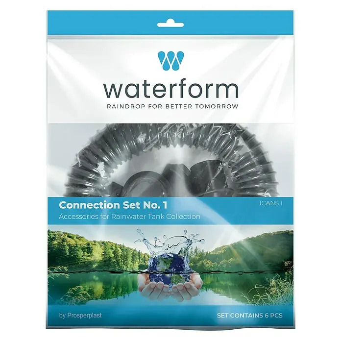 Regentonnen-Verbindungs-Set - 6 -tlg., Passend für: Regentonne Maze, Tube, Aquacan, Smooth, Peruno, Aqua Tower & Tower Stone - Produktbild von einem "Waterform" Anschluss-Set Nr. 1, Zubehör für die Regenwassertank-Sammlung, mit dem Logo und dem Slogan.