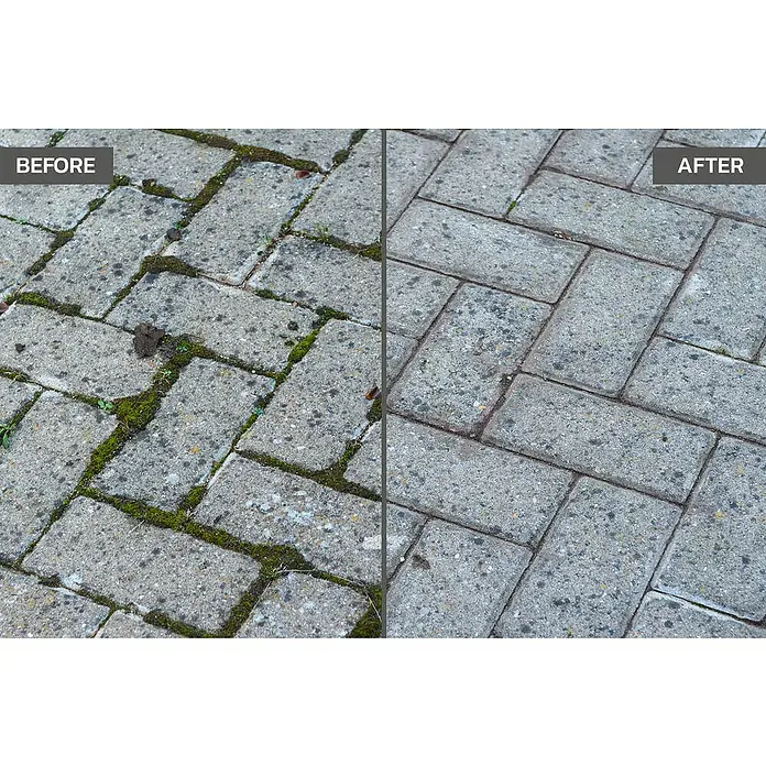 Ryobi ONE+ Limpiador de juntas de batería RY18PCA-0 - 18 V, Iones de litio, Sin batería - Antes y después: Comparación de adoquines limpiados de musgo y suciedad, mostrando su aspecto limpio y bien mantenido.