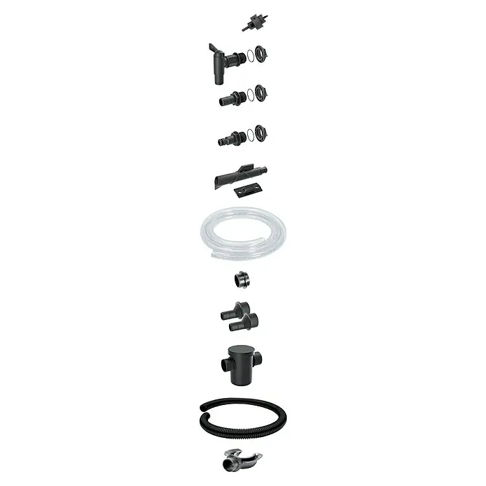 Regenwasserfilter Verbindungsset - 13 -tlg., Passend für: Regentonne Maze, Tube, Aquacan, Smooth, Peruno, Aqua Tower, Tower Stone - Abgebildetes Teichzubehör-Set für die Teichpflege, inclusive Schlauch und Verbinder, ideal für die Wartung von Gartenteichen.