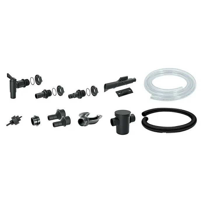 Regenwasserfilter Verbindungsset - 13 -tlg., Passend für: Regentonne Maze, Tube, Aquacan, Smooth, Peruno, Aqua Tower, Tower Stone - Produktabbildung von verschiedenen schwarzen und transparenten PVC-Wasserhahn-, Schlauch- und Rohrverbindungsstücken für Sanitäranwendungen.