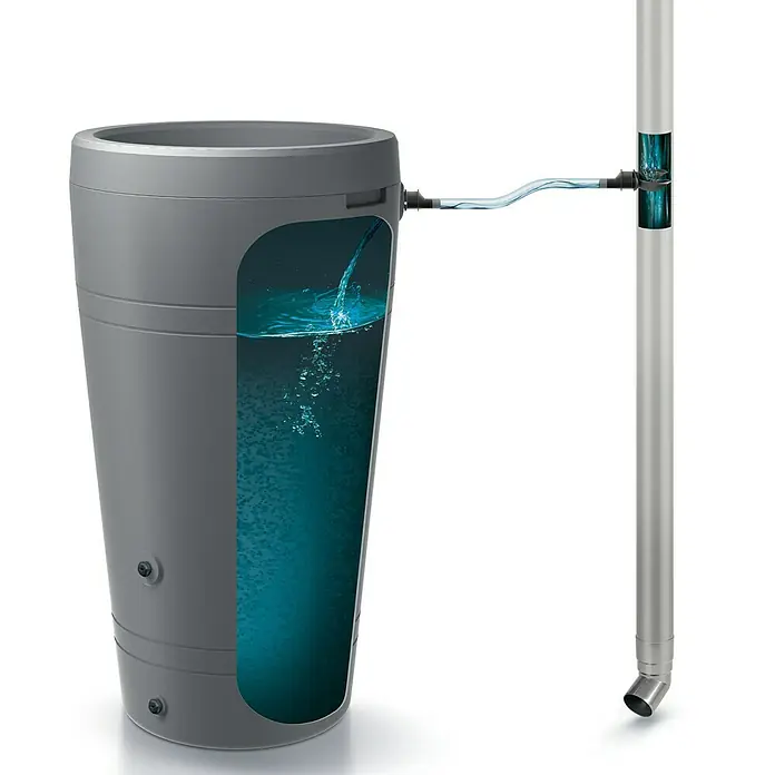 Regentonnen-Verbindungs-Set mit Schlauch - 6 -tlg., Regentonnen Maze, Tube, Aquacan, Smooth, Peruno, Aqua Tower & Tower Stone - Der Regenwassertank ist mit einer Querschnittansicht dargestellt, die zeigt, wie das Wasser aus dem Fallrohr einläuft.