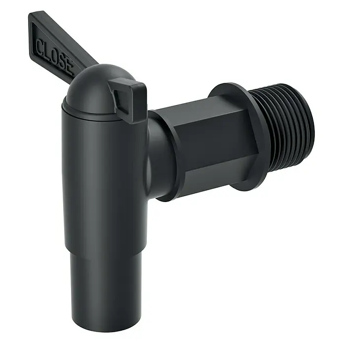 Auslaufhahn - Passend für: Regentonnen Maze, Tube, Aquacan, Smooth, Peruno, Aqua Tower & Tower Stone - Schwarzer Kunststoff-Wasserhahn mit "CLOSE"-Anzeige für den einfachen Gebrauch. Ideal für Behälter oder Tanks.