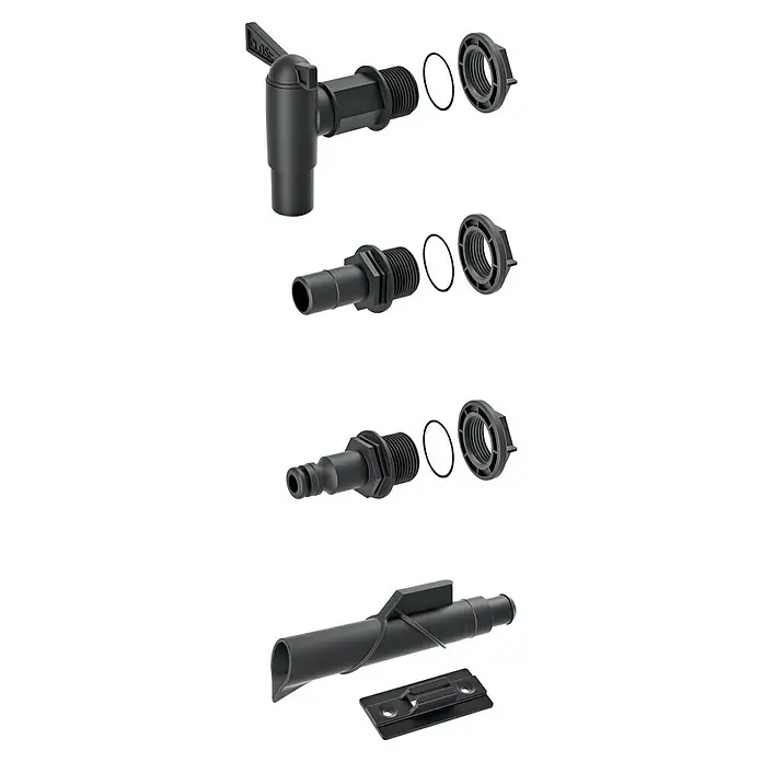 Regentonnen-Verbindungs-Set mit Auslaufhahn - 5 -tlg., Passend für: Regentonnen Maze, Tube, Aquacan, Smooth, Peruno, Aqua Tower & Tower Stone - Produktansicht: Schwarzer Wasserhahn und Zubehör für die Installation, einschließlich Dichtungen und Gegenmuttern, für den sicheren Anschluss an Behälter.