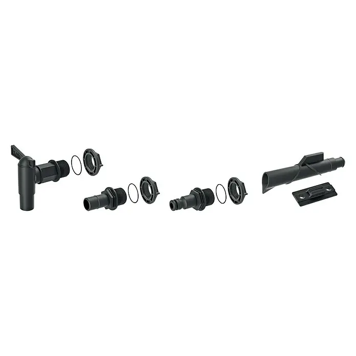Regentonnen-Verbindungs-Set mit Auslaufhahn - 5 -tlg., Passend für: Regentonnen Maze, Tube, Aquacan, Smooth, Peruno, Aqua Tower & Tower Stone - Detailansicht eines schwarzen Wasserhahn-Sets mit Zubehör, ideal für Bewässerungssysteme im Garten. Das Set ist übersichtlich angeordnet.