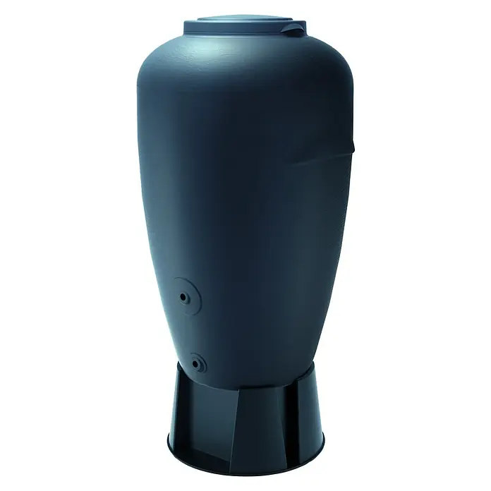 Regenspeicher Aquacan - 440 l, Anthrazit - Blauer Tank für die Regenwassernutzung. Das Gefäß steht auf einer Basis, mit zwei Löchern an der Seite. Ideal zur Gartenbewässerung.