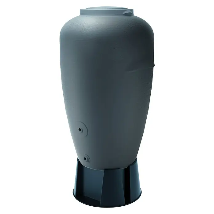 Regenspeicher Aquacan - 440 l, Grau - Eine graue Regentonne mit Deckel und schwarzem Sockel für die Gartenbewässerung. Ideal für die umweltfreundliche Nutzung von Regenwasser.