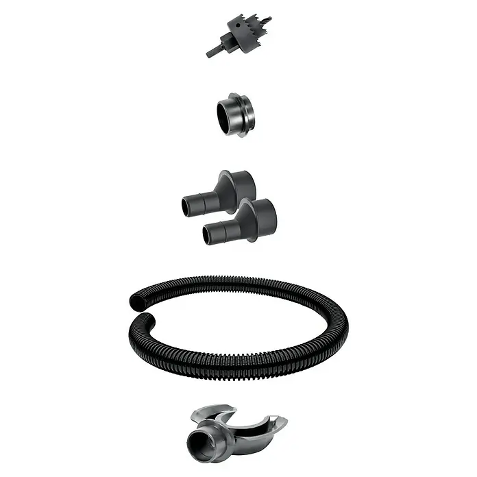 Regentonnen-Verbindungs-Set mit Schlauch - 6 -tlg., Regentonnen Maze, Tube, Aquacan, Smooth, Peruno, Aqua Tower & Tower Stone - Produktansicht eines schwarzen Lochsägensatzes mit Schlauch, Anschlussstutzen und zwei Verbindungsstücken für eine Vakuumanlage.