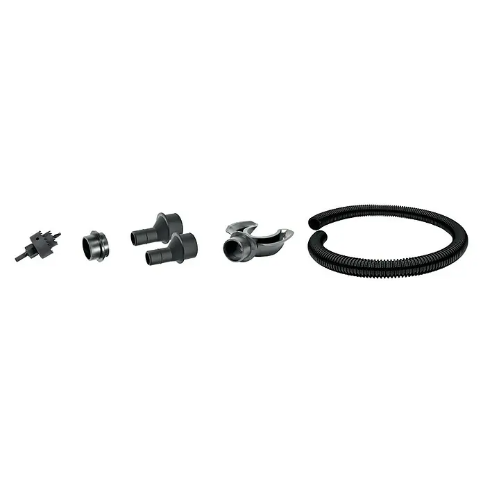 Regentonnen-Verbindungs-Set mit Schlauch - 6 -tlg., Regentonnen Maze, Tube, Aquacan, Smooth, Peruno, Aqua Tower & Tower Stone - Produktabbildung von verschiedenen Sanitärteilen, inklusive Schläuchen und Verbindungsstücken in dunkler Farbgebung.