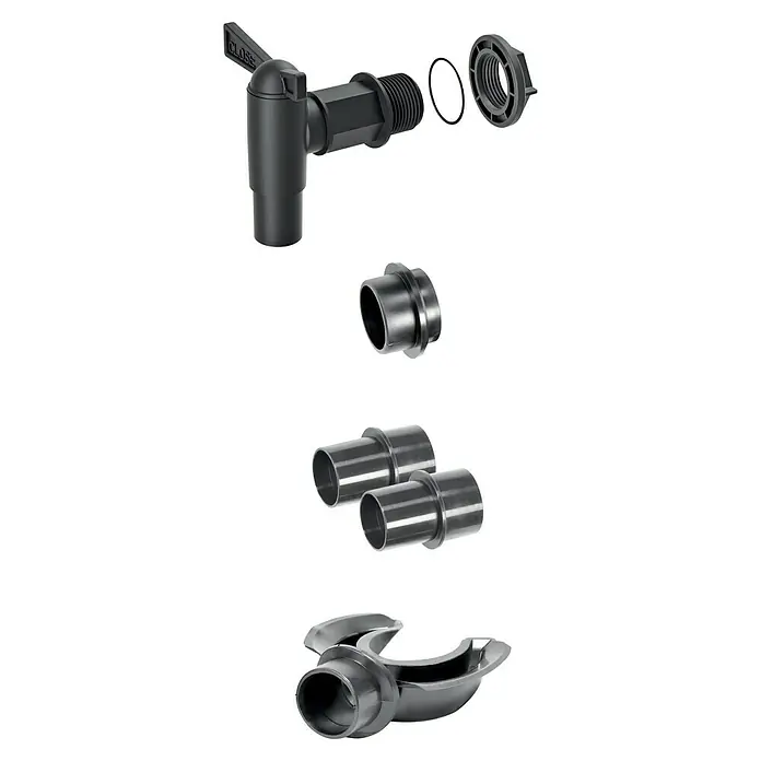 Regentonnen-Set - 5 -tlg., Passend für: Regentonnen Maze, Tube, Aquacan, Smooth, Peruno, Aqua Tower & Tower Stone - Schwarzer Auslaufhahn mit Zubehör für eine einfache und sichere Installation. Perfekt für Fässer und Behälter.