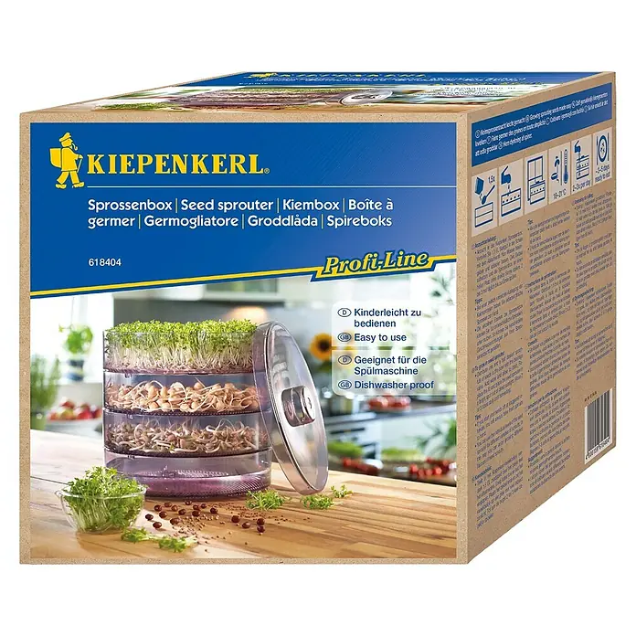 Kiepenkerl Sprossenbox - L x B x H: 18,5 x 18,5 x 19 cm - Produktverpackung für einen Sprossen- und Keimbox von Kiepenkerl Profi-Line mit einer Abbildung der Box.
