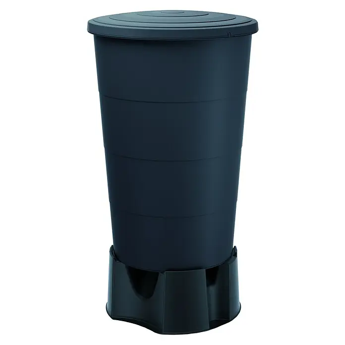Regentonne Smooth - 160 l, Anthrazit - Dieser Regenwassertank in dunklem Design mit Deckel und stabilem Sockel dient zur umweltfreundlichen Wasserspeicherung im Garten.