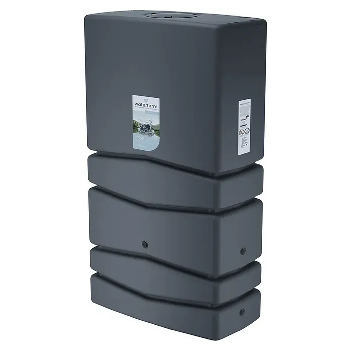 Regenspeicher Aqua Tower - L x B x H: 38,3 x 77,5 x 135 cm, 350 l, Anthrazit - Ein grauer Waterform-Wassertank mit einem Fassungsvermögen von 350 Litern, ideal für die Gartenbewässerung und Regenwassernutzung im Außenbereich.