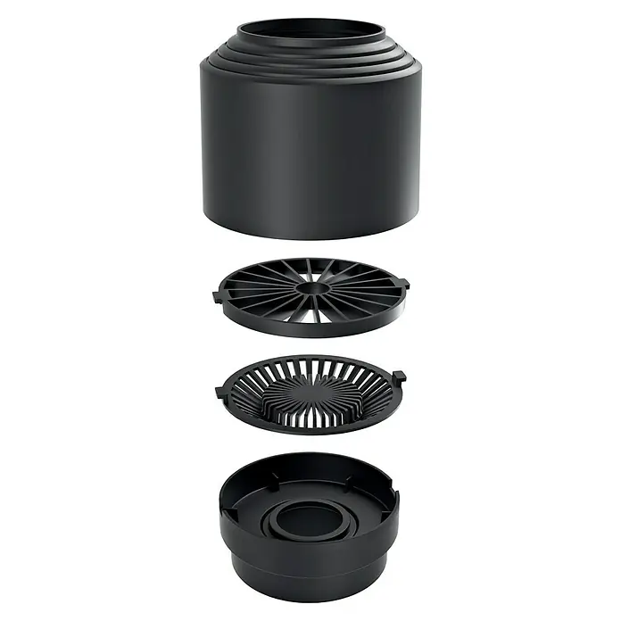 Regenwasserfilter - 4 -tlg., Passend für: Regentonne Maze, Tube, Aquacan, Smooth, Peruno, Aqua Tower, Tower Stone - Auseinandergenommener schwarzer Luftreiniger, der seine internen Komponenten zeigt.