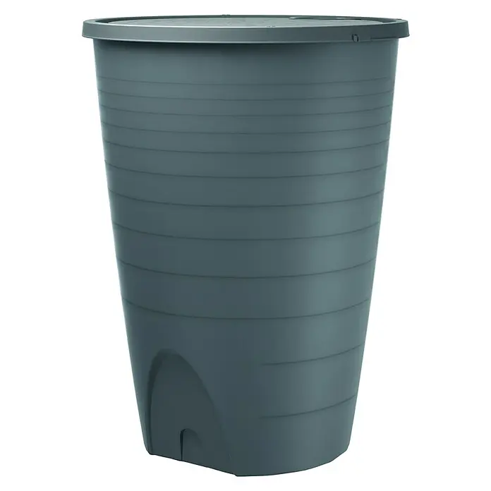 Regentonne Peruno - 260 l, Grau - Ein grauer Regenspeicher mit horizontalen Rillen und einer abgerundeten Basis für die Gartenbewässerung. Praktisch und stilvoll für den Außenbereich.
