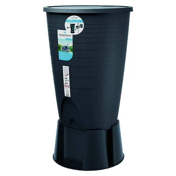 Regentonne Peruno Set - 260 l, Anthrazit - Ein dunkelgrauer Waterform-Regenwassertank mit einem Fassungsvermögen von 260 Litern, ideal für die Gartenbewässerung.