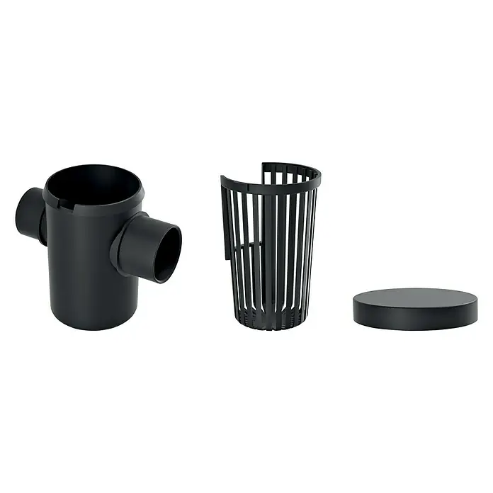 Regenwasserfilter - Passend für: Regentonne Maze, Tube, Aquacan, Smooth, Peruno, Aqua Tower, Tower Stone - Detailaufnahme eines Fallrohrfilters aus Kunststoff mit Siebkorb und Deckel für Dachrinnen in Schwarz.