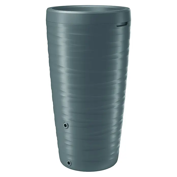 Regenspeicher Maze - 240 l, Grau - Ein grauer Regenspeicher mit gewellter Oberfläche und zwei Öffnungen. Ideal zur umweltfreundlichen Wassergewinnung im Garten.