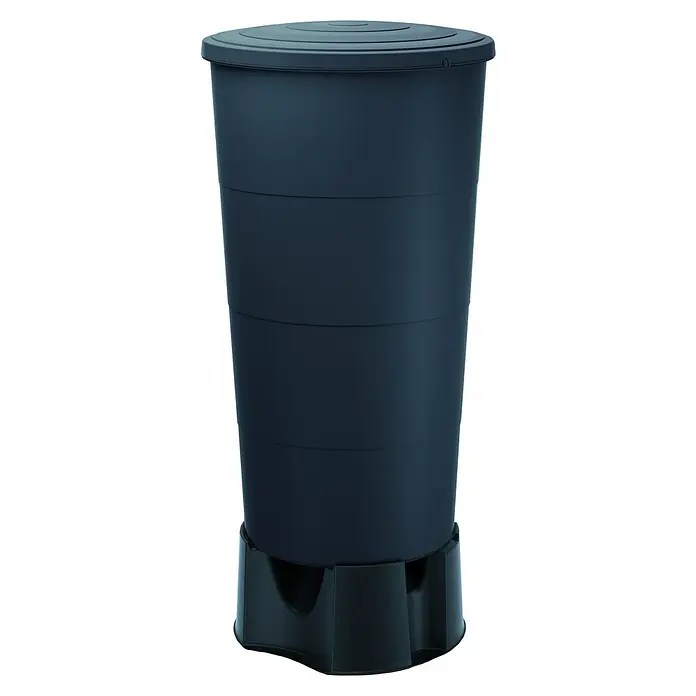 Regentonne Smooth - 200 l, Anthrazit - Nahaufnahme einer dunklen Regentonne mit Deckel und Sockel, ideal für die Gartenbewässerung und umweltfreundliche Wassernutzung.