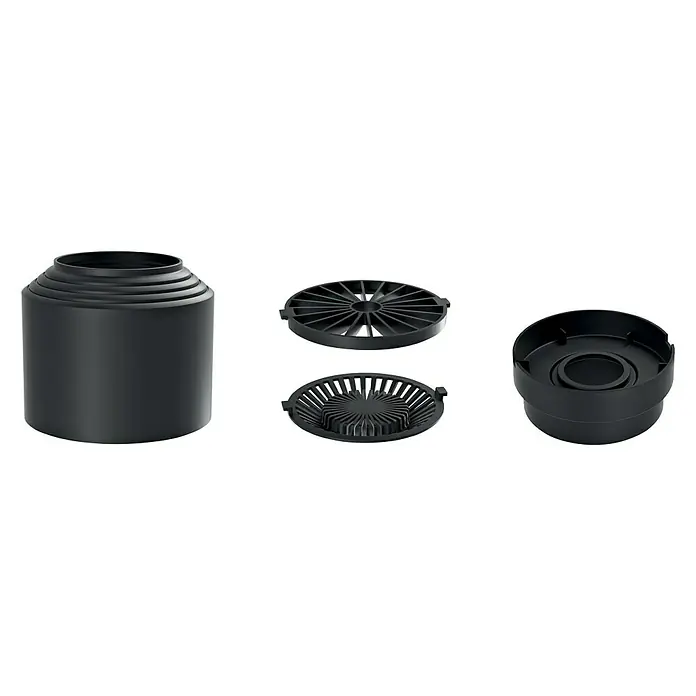 Regenwasserfilter - 4 -tlg., Passend für: Regentonne Maze, Tube, Aquacan, Smooth, Peruno, Aqua Tower, Tower Stone - Das Bild zeigt ein zerlegtes, schwarzes Produkt, das wahrscheinlich ein Filter- oder Belüftungssystem ist. Die Einzelteile sind zylindrisch und rund.