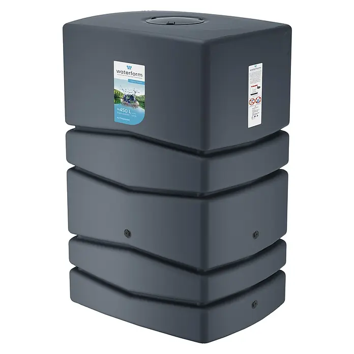 Regenspeicher Aqua Tower - L x B x H: 57,3 x 77,5 x 115 cm, 450 l, Anthrazit - Ein grauer Wasserform-Regenwassertank mit einem Fassungsvermögen von ca. 450 Litern, ideal für die Gartenbewässerung.