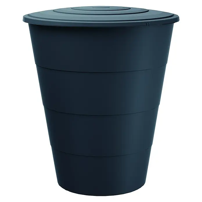 Regentonne Smooth - 210 l, Anthrazit - Abgebildeter, blauer Regenspeicher mit Deckel. Er eignet sich ideal zum Auffangen von Regenwasser für die Gartenbewässerung.