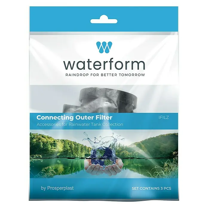 RegenwasserfilterPassend für: Regentonne Maze, Tube, Aquacan, Smooth, Peruno, Aqua Tower, Tower Stone - Produktbild einer Waterform-Außenfilter-Verpackung für Regenwassertanks. Das Set enthält 3 Filter für eine bessere Zukunft.