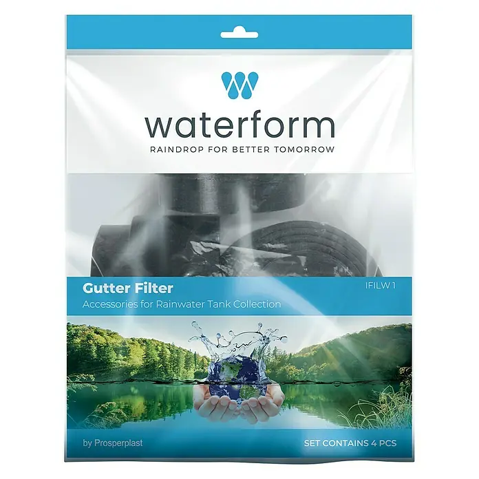 Regenwasserfilter - 4 -tlg., Passend für: Regentonne Maze, Tube, Aquacan, Smooth, Peruno, Aqua Tower, Tower Stone - Die Verpackung für "Waterform" Dachrinnenfilter-Zubehör für Regenwassertanks. Das Set enthält 4 Stück.