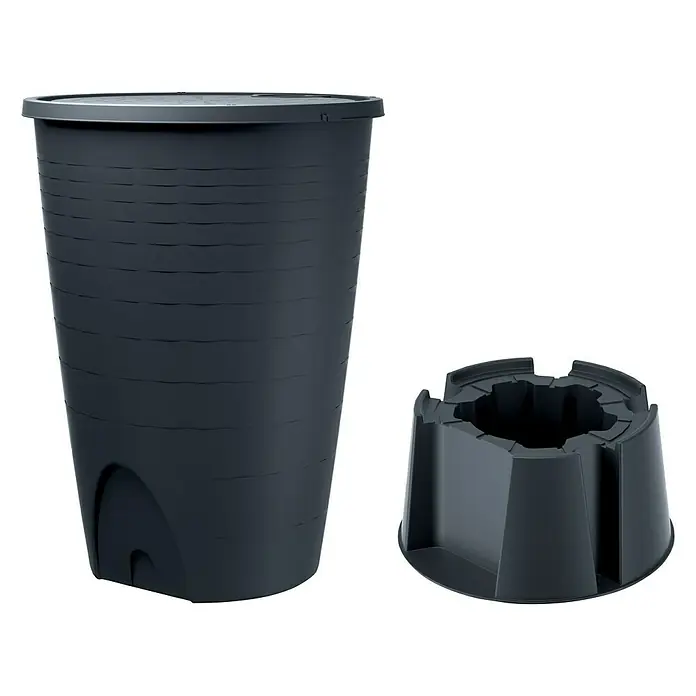 Regentonne Peruno Set - 260 l, Anthrazit - Abgebildet ist ein Regenspeicher mit passendem Untergestell in dunkler Farbe, ideal für die Gartenbewässerung.