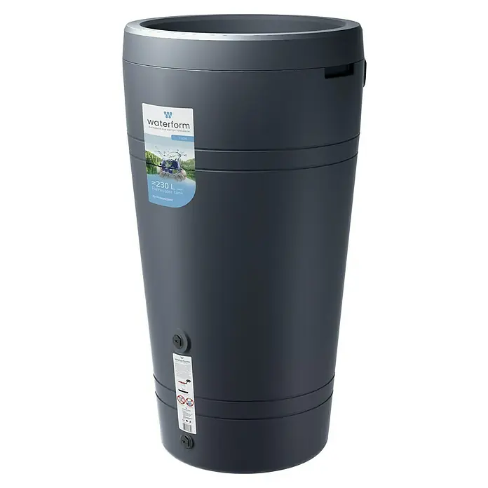 Regenspeicher Tube - 230 l, Anthrazit - Ein grauer Waterform Regenwassertank mit einem Fassungsvermögen von ca. 230 Litern, hergestellt von Prosperplast, steht im Fokus.